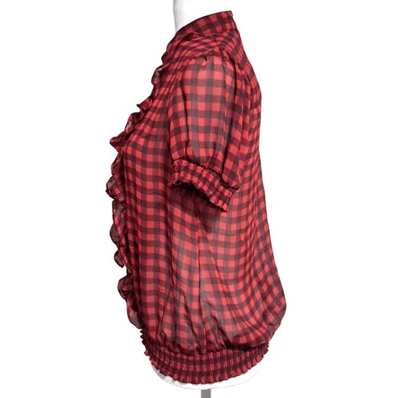 Y2K Red & Black Checkered Sheer Ruffle Blouse Short Sleeve Button Front Elastic - Picture 4 of 5